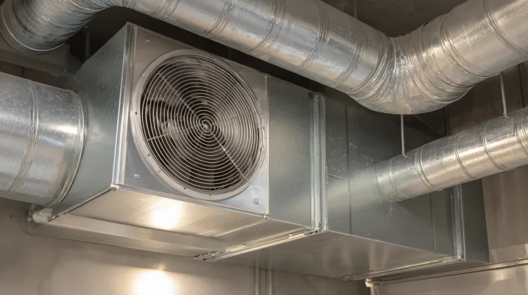 14:40 HVAC air handler unit connected to metal ductwork