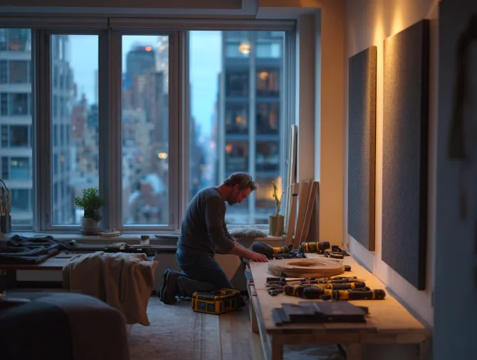 Craftsman installing soundproof wall panels in home office