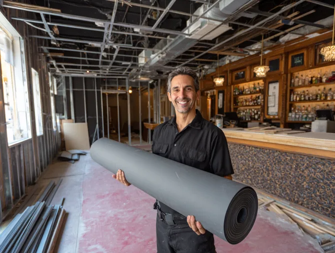 Installer holding a roll of Mass Loaded Vinyl in a partially renovated bar space
