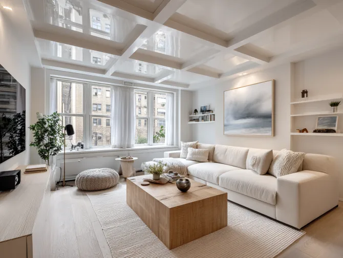 Modern Palo Alto living room with soundproofed coffered ceiling and city views through windows