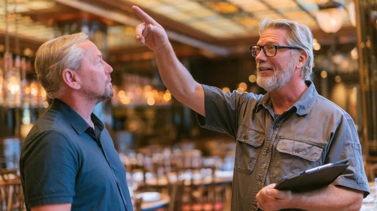 Contractor pointing to the ceiling while talking with a restaurant owner