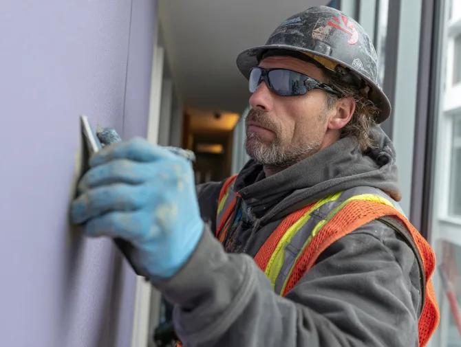 Technician applying acoustic sealant during wall installation