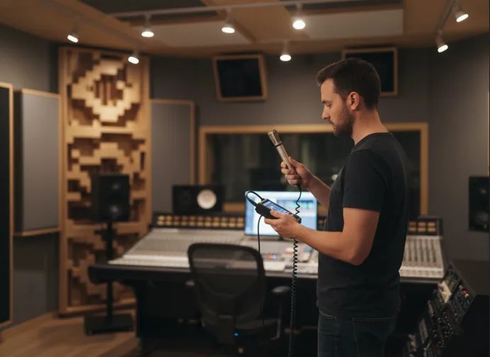 Acoustic engineer taking RT60 measurements with a microphone in a recording studio